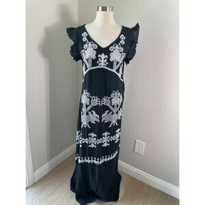 Area Stars Womens Medium Black Cotton Maxi Dress Embroidery Ruffle Sleeves